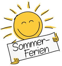 Eine Sonne hält ein Schild mit der Aufschrift Sommerferien